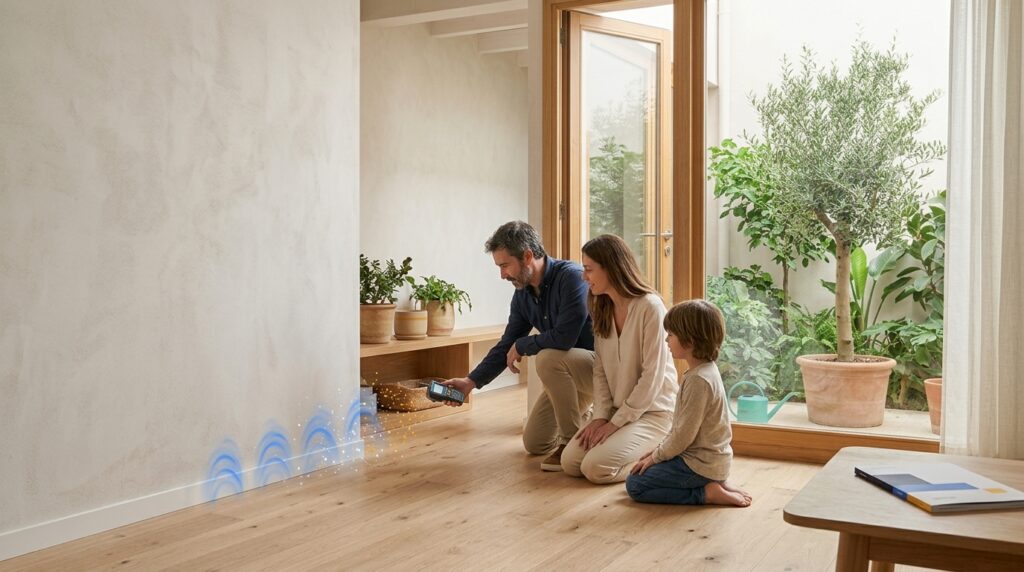 "Imatge de capçalera per a blog: família descalça en dormitori mediterrani natural, conceptualitzant salut ambiental i biohabitabilitat per millorar el descans. Llum suau, tons neutres i tocs de color corporatiu."